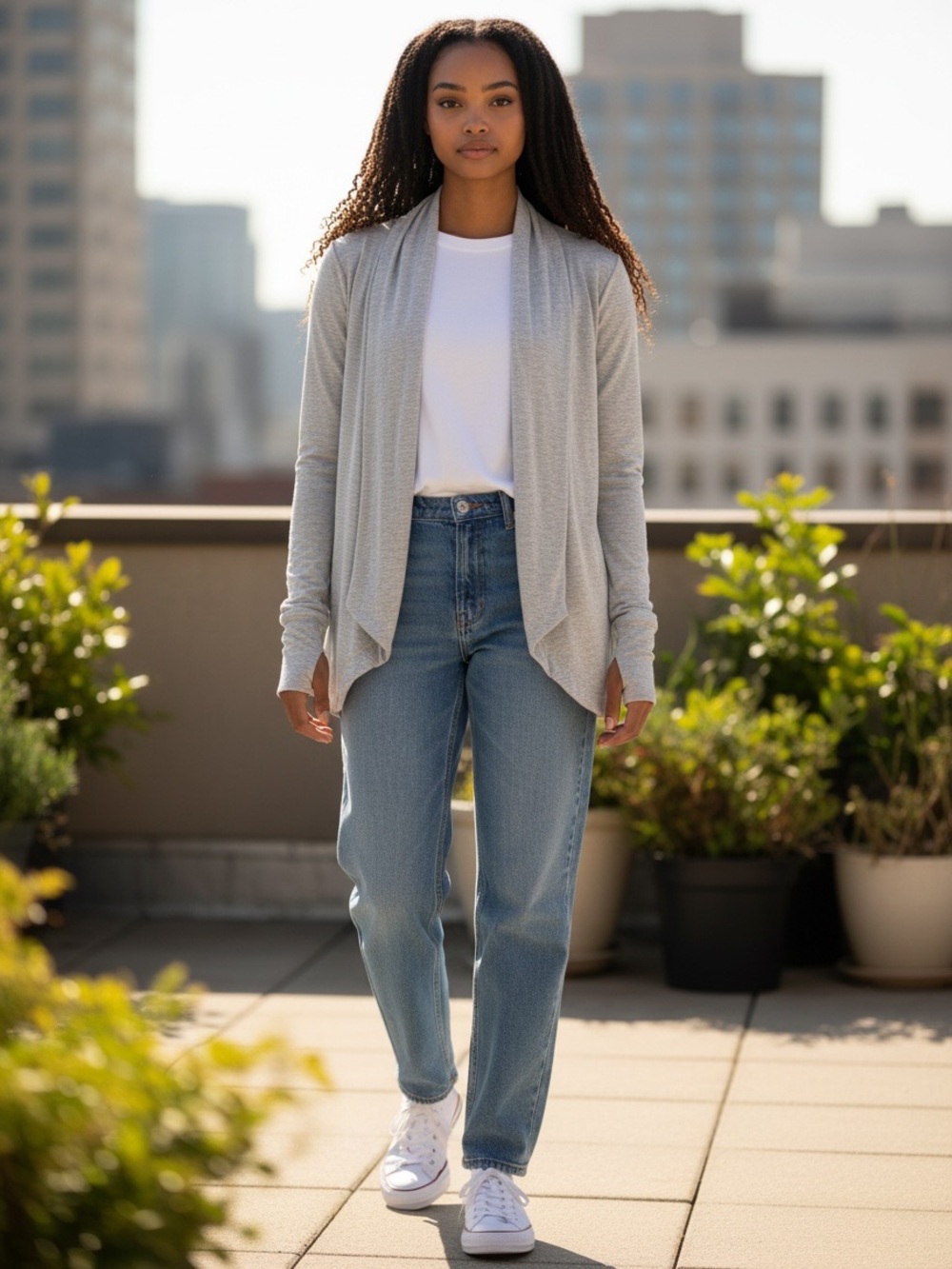 Athleta Heathered Light Gray/Cream Heathered Open-Front Draped Cardigan